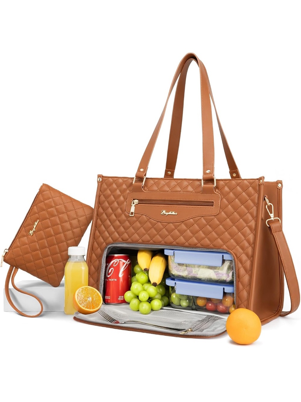 Quilted Brown Insulated Tote Bag with Removable Pouch